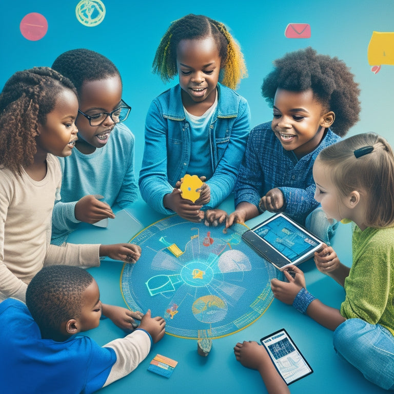A colorful illustration of a group of diverse kids (ages 6-12) gathered around a tablet, engaged and excited, with math-related icons (numbers, shapes, charts) floating above their heads in a circular motion.