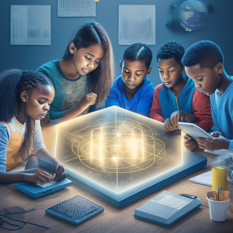 A digital illustration of a diverse group of students, ages 8-18, from different ethnic backgrounds, gathered around a large, glowing tablet, surrounded by math-related objects, such as calculators, geometry shapes, and graphs.