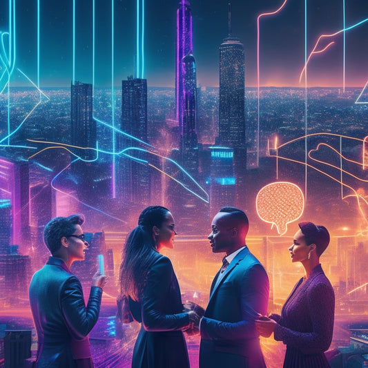 A vibrant, stylized illustration of a virtual forum, depicted as a futuristic cityscape with glowing neon threads connecting diverse avatar profiles, surrounded by bursting speech bubbles and sparkling idea lightbulbs.