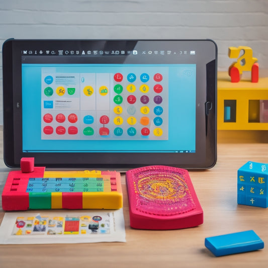 A tablet screen displaying a split-screen interface with a math problem on one side and a virtual manipulative, such as blocks or a number line, on the other, surrounded by colorful, gentle icons.