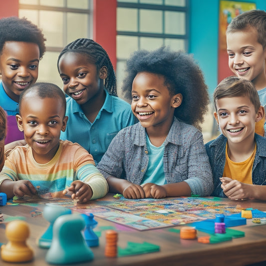 A colorful illustration of a happy, diverse group of children (ages 6-12) engaged in various educational activities, surrounded by board games, puzzles, and digital devices, with a subtle background of a bright, sunny classroom.