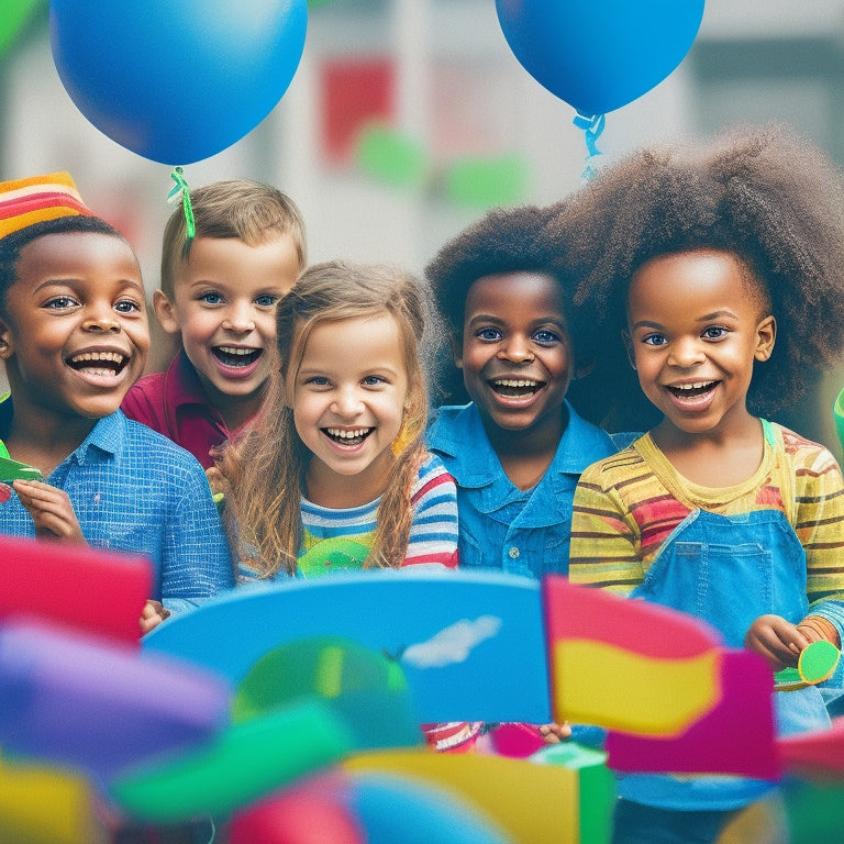 A colorful illustration of a smiling, diverse group of children aged 4-10 gathered around a tablet, interacting with a language learning app, surrounded by speech bubbles, flags, and confetti.
