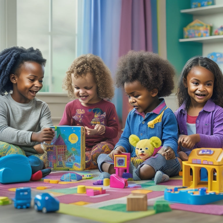 A colorful, clutter-free playroom scene featuring a diverse group of happy children aged 3-6, surrounded by various VTech educational toys, with puzzles, blocks, and tablets in the foreground.