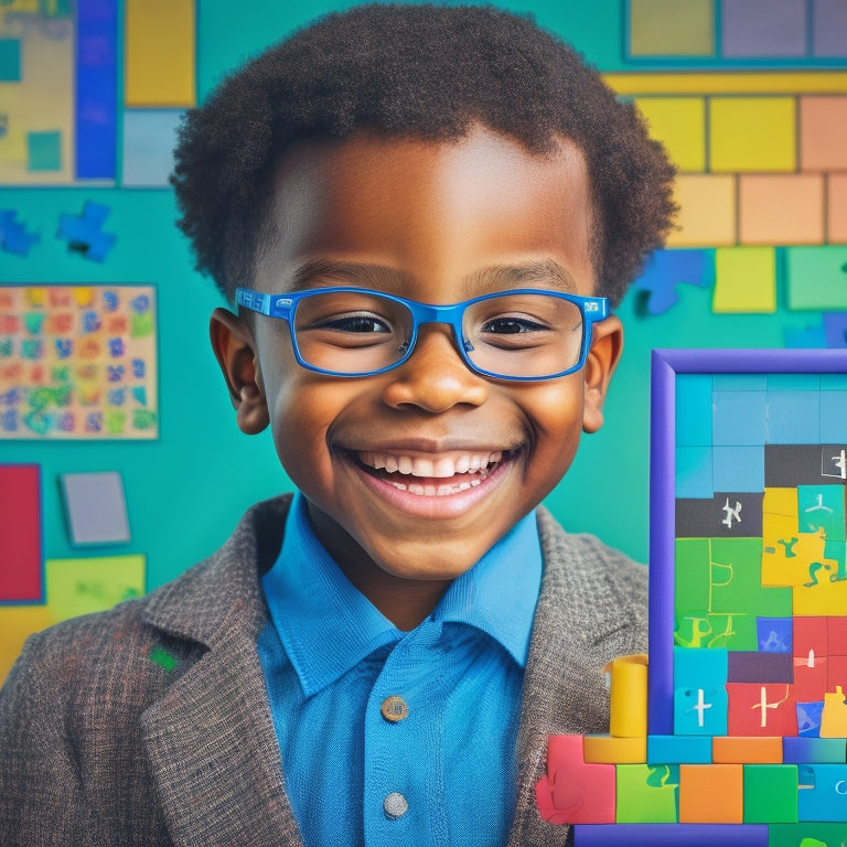 A colorful illustration featuring a smiling elementary school student surrounded by puzzle pieces, geometric shapes, and math symbols, with a subtle background of a chalkboard or graph paper.