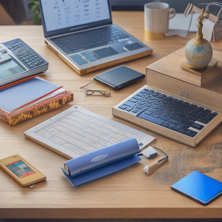 An illustration of a desk with a laptop, tablet, and smartphone, surrounded by math-related objects like calculators, geometry shapes, and a globe, with subtle digital elements in the background.