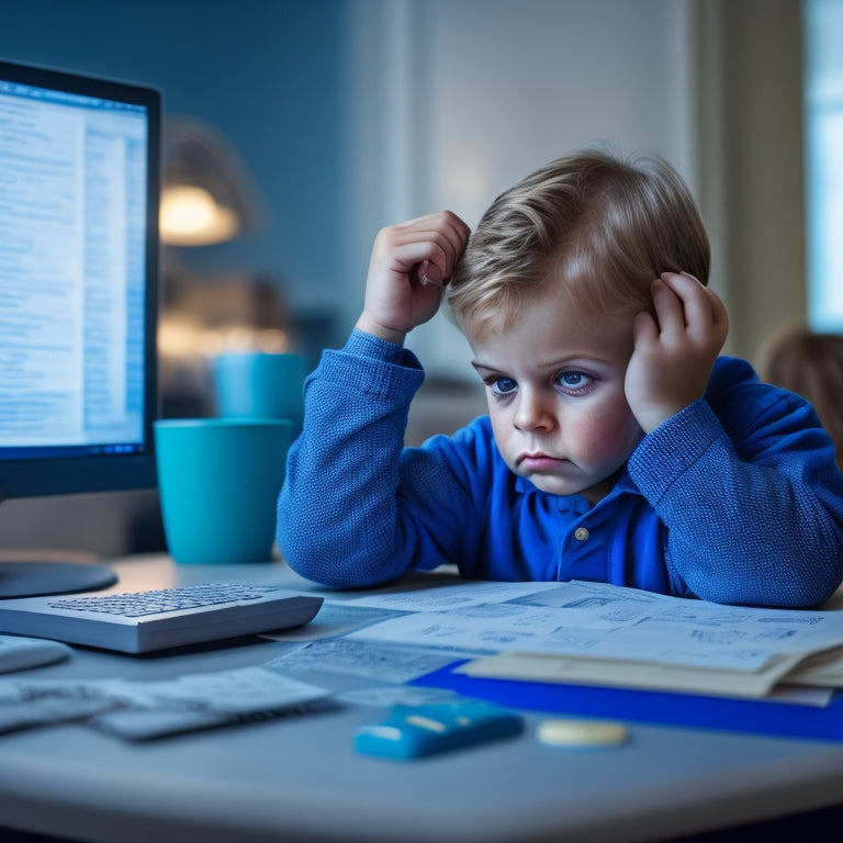 A frustrated child sitting at a desk, surrounded by scattered math worksheets and a laptop with a frozen math lesson on the screen, with a puzzled expression and a hand on forehead.