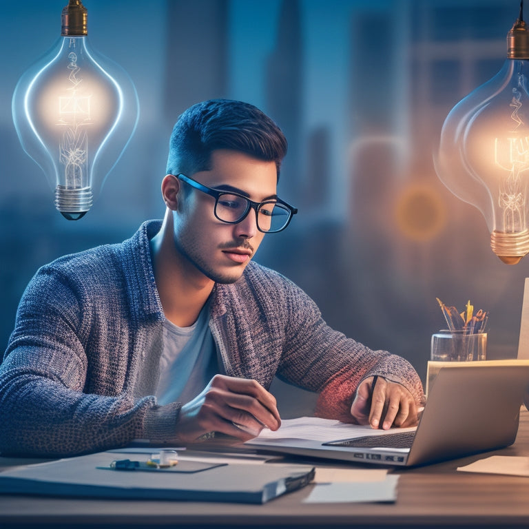 An illustration of a student sitting in front of a laptop, surrounded by math symbols and formulas, with a lightbulb above their head, and a subtle background of a cityscape or a digital grid.