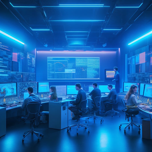 A futuristic classroom with students surrounded by screens displaying educational games, robots, and virtual reality headsets, amidst a backdrop of glowing circuits and neon wires.