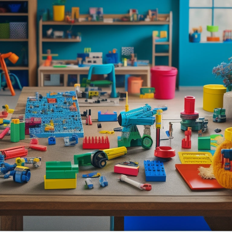 A colorful, clutter-free workspace with various STEM tools scattered around, including building blocks, gears, robotics parts, and a microscope, surrounded by curious kids' hands and faces in the background.