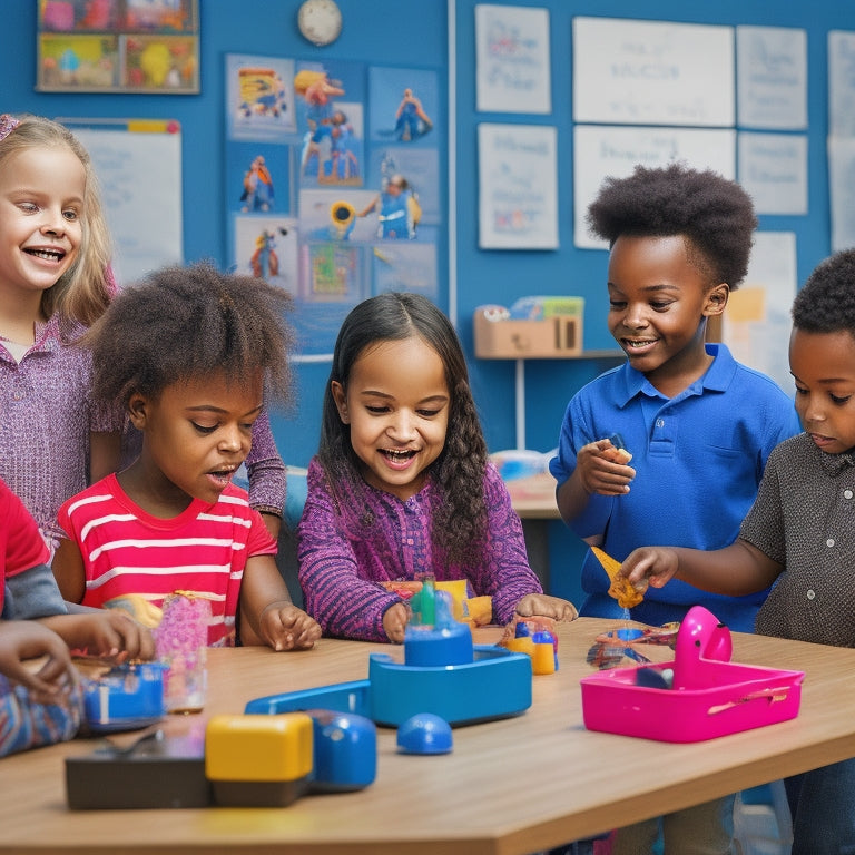 An illustration of a diverse group of children with special needs engaging with various interactive learning tools, including touchscreens, educational robots, and sensory-friendly playsets, in a colorful, inclusive classroom.