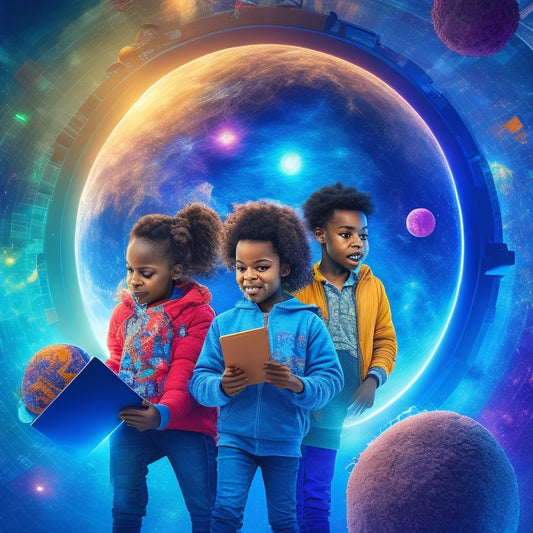 A vibrant illustration of diverse children aged 6-12 surrounding a large, glowing tablet, surrounded by orbiting gears, robots, and coding symbols, amidst a colorful, swirling background of math and science elements.