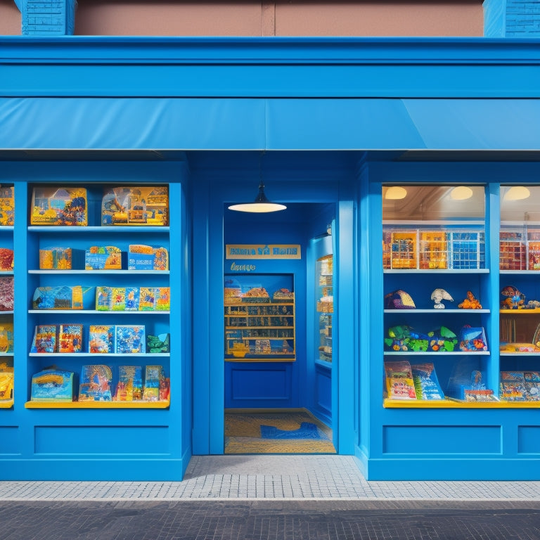 A vibrant, well-lit storefront with a bright blue awning, colorful toys and educational products on shelves, and a few happy children playing with puzzles and blocks near the entrance.