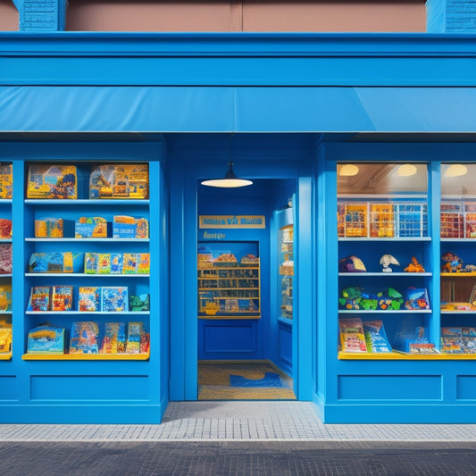 A vibrant, well-lit storefront with a bright blue awning, colorful toys and educational products on shelves, and a few happy children playing with puzzles and blocks near the entrance.