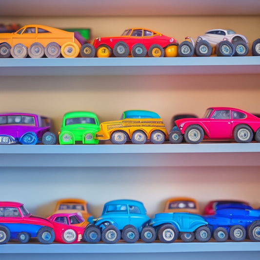 A colorful, clutter-free shelf filled with various Mattel Pixar Cars die-cast models, arranged by character, with a blurred toy store or online marketplace background.