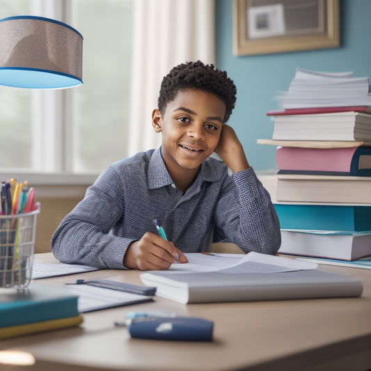 An illustration of a relaxed middle schooler sitting at a desk, surrounded by open math textbooks, pencils, and a calculator, with a subtle smile and a confident posture, amidst a calming background of pastel colors.