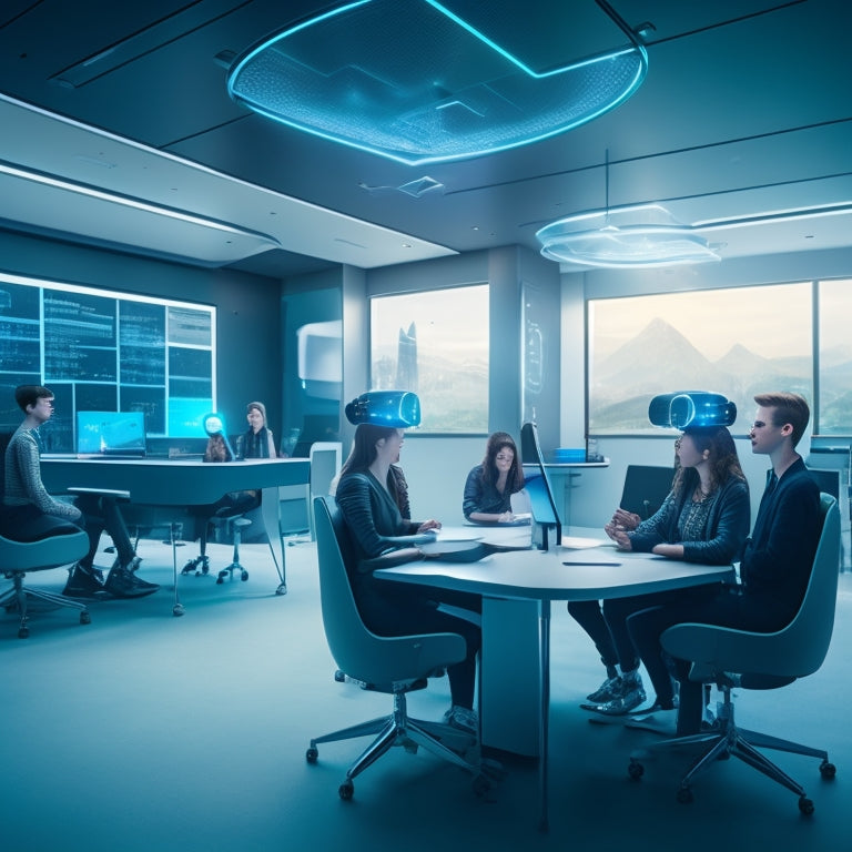 A futuristic classroom with students wearing VR headsets, surrounded by holographic projections of molecules, robots, and planetary systems, with a subtle glow of LED lights and sleek, modern furniture.