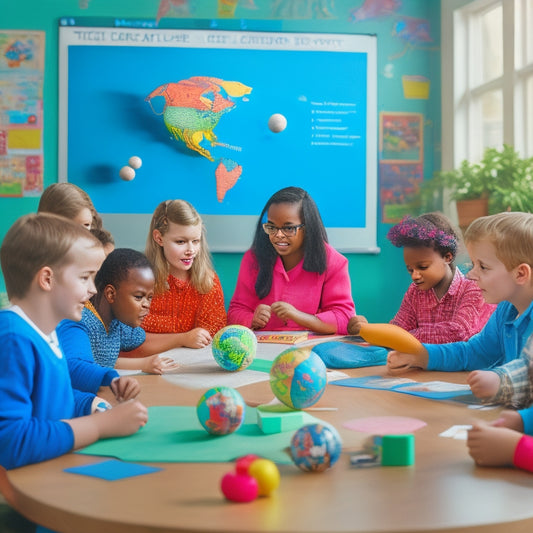 A vibrant, clutter-free classroom with a diverse group of students gathered around a interactive whiteboard displaying a 3D globe, surrounded by colorful educational toys, books, and puzzles.