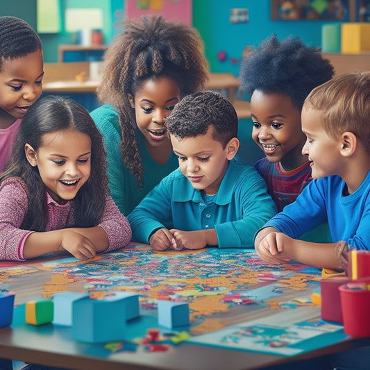 A vibrant, colorful illustration featuring a diverse group of elementary-aged kids gathered around a table, surrounded by sheets of puzzles, pencils, and excited facial expressions.