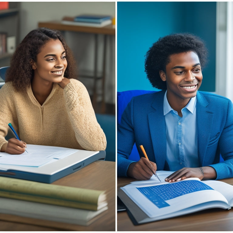 A split-screen image featuring a worried student sitting at a desk with a math textbook and a low-grade report card on one side, and the same student with a laptop and a confident smile, surrounded by rising graphs and stars on the other.
