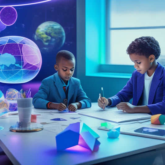 A colorful, futuristic digital classroom scene with a Grade 5 student sitting at a desk, surrounded by floating math problems, interactive graphs, and 3D shapes, with a tablet and stylus in hand.