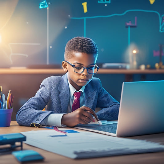 A colorful illustration of a 4th-grade student sitting at a desk with a laptop, surrounded by digital math tools and icons, with a subtle background of mathematical symbols and graphs.