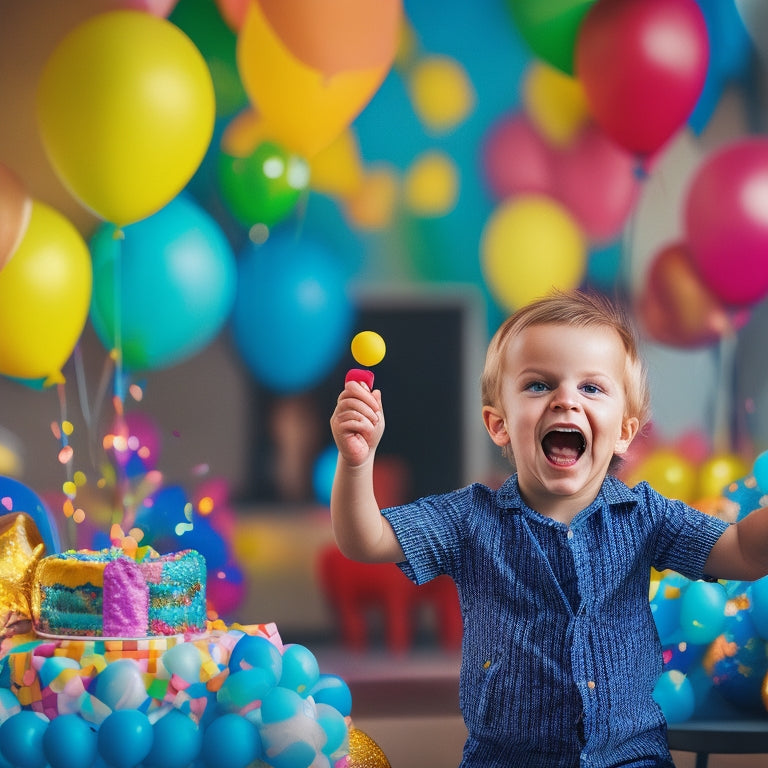 A colorful, whimsical scene featuring a smiling child surrounded by balloons, gift boxes, and toys, with a subtle birthday cake and confetti in the background.