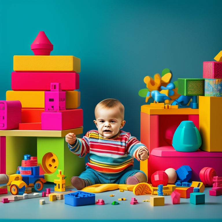 A colorful illustration of a toddler surrounded by various educational toys and materials, with building blocks, puzzles, and stacking toys scattered around, amidst a subtle background of brain development diagrams.