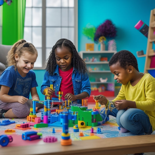 A colorful playroom scene with diverse kids (ages 6-10) engaging with various STEM toys: robotics, coding blocks, microscopes, building sets, and a kid-built marble run in the background.