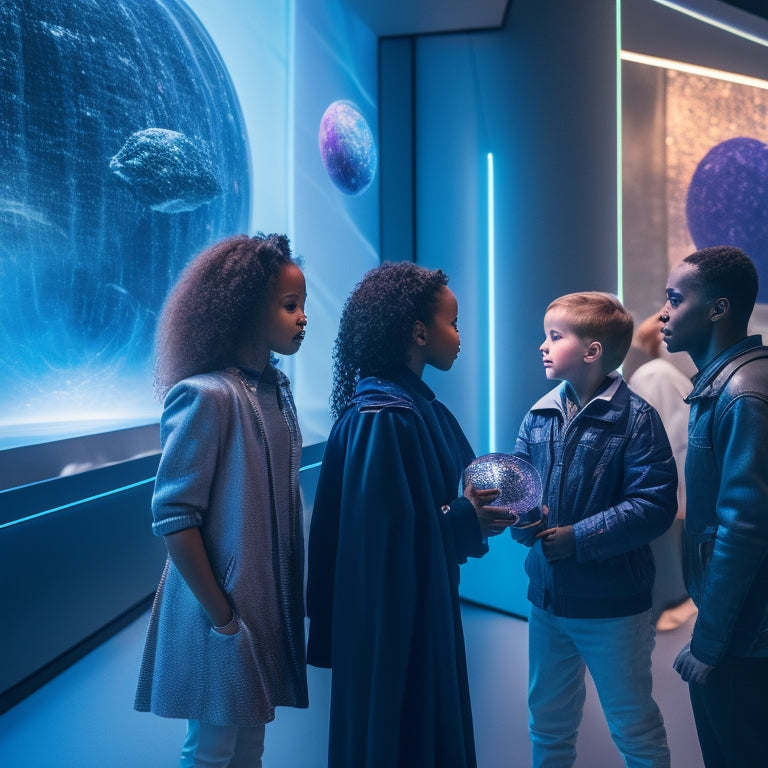 A futuristic museum gallery with holographic exhibits, interactive touchscreens, and augmented reality displays, surrounded by curious visitors of diverse ages, immersed in a world of discovery and wonder.