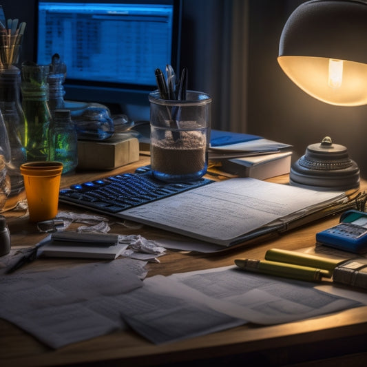 A cluttered desk with a Windows laptop, surrounded by crumpled math worksheets, pens, and a calculator, with a subtle glowing light emanating from the laptop screen, symbolizing math homework help.