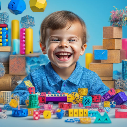 A colorful illustration of a smiling child surrounded by various mathematical objects, including dice, geometric shapes, and a miniature abacus, amidst a subtle background of math equations and graphs.