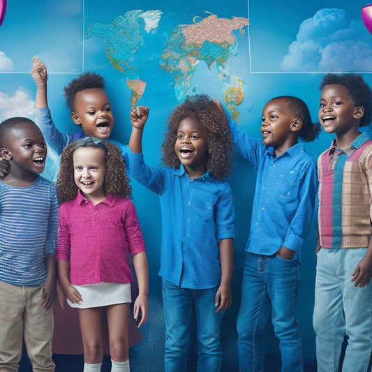 A colorful, clutter-free illustration of diverse kids (ages 6-12) gathered around a large, interactive touchscreen, surrounded by speech bubbles, flags, and globe fragments, with excited facial expressions.