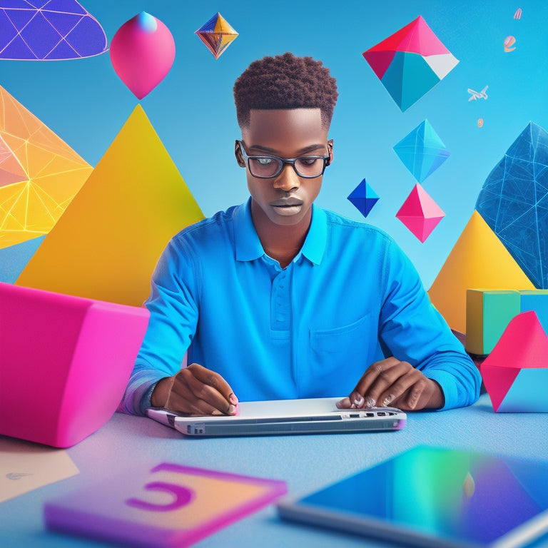 A colorful illustration of a student surrounded by interactive math simulations on tablets and laptops, with 3D shapes, graphs, and formulas floating around, amidst a subtle background of mathematical symbols and equations.