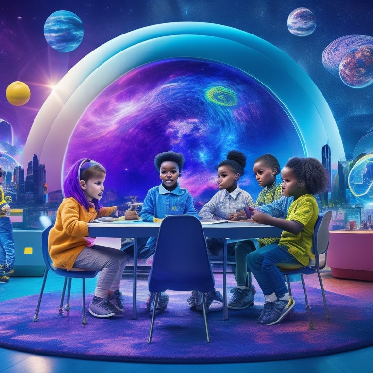 Illustrate a whimsical, futuristic classroom with diverse kids aged 6-12 engaged in virtual learning, surrounded by floating laptops, tablets, and VR headsets, amidst a galaxy of colorful, swirling educational icons.