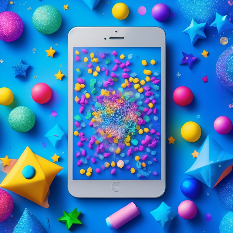 A vibrant, clutter-free illustration of a tablet or smartphone screen showcasing 5-7 colorful app icons, surrounded by confetti, stars, and swirling shapes, set against a bright blue background with subtle grid lines.