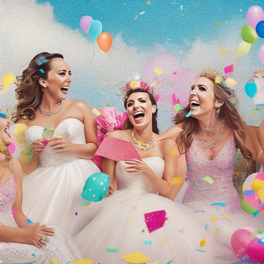 A vibrant, colorful illustration featuring a bride-to-be surrounded by laughing friends, confetti, balloons, and a variety of bridal shower games, including a wedding dress made of toilet paper and a ring toss.