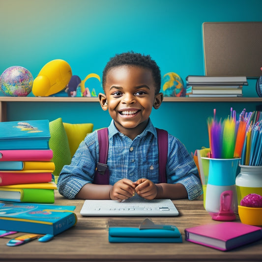A colorful illustration of a smiling child sitting at a desk, surrounded by tablets and laptops open to various educational apps, with a subtle background of books and learning materials.