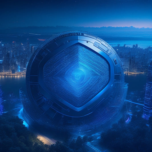 A stylized, futuristic shield with glowing blue circuits, surrounded by shattered, dark fragments of malware, set against a backdrop of glowing, interconnected cityscapes at dusk.