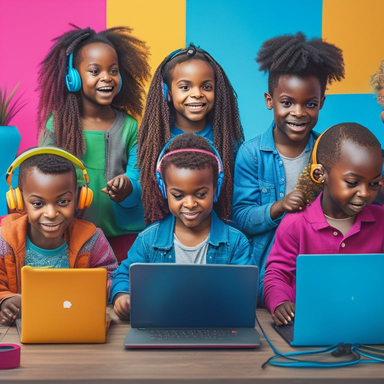 A bright, colorful illustration of diverse children aged 6-12, surrounded by laptops, tablets, and headphones, engaged in virtual learning activities, with subtle hints of fun and excitement.