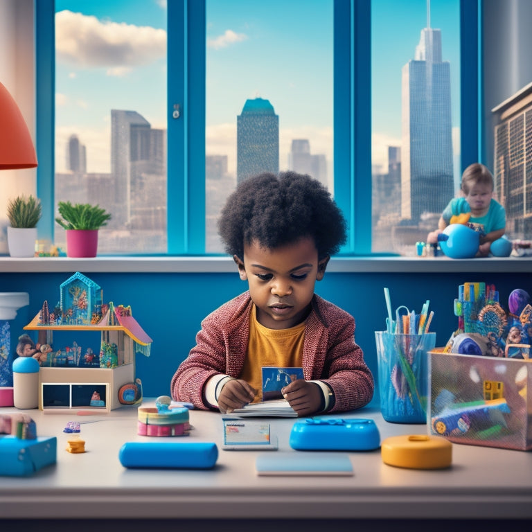 A colorful illustration of a young child sitting at a table, surrounded by tablets and educational toys, with a subtle cityscape background, featuring a subtle grid of icons representing different learning apps.