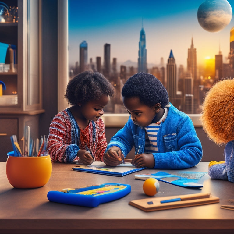 A warm and colorful illustration of a parent and child sitting together at a table, surrounded by various math tools and objects, with a subtle cityscape or globe in the background.