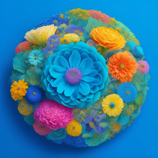 A vibrant, whimsical illustration featuring a bouquet of colorful flowers, each petal shaped like a unique brain, surrounded by swirling patterns and abstract shapes in shades of blue, green, and yellow.