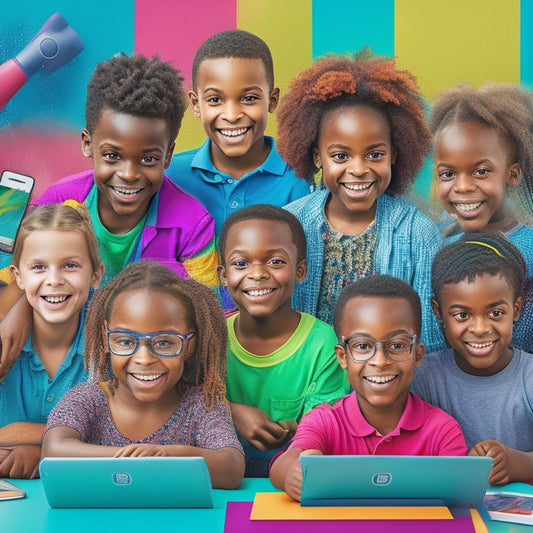 A colorful illustration of a diverse group of happy children, ages 6-12, surrounded by tablets, laptops, and e-readers, with subtle hints of puzzle pieces, brain waves, and learning icons in the background.