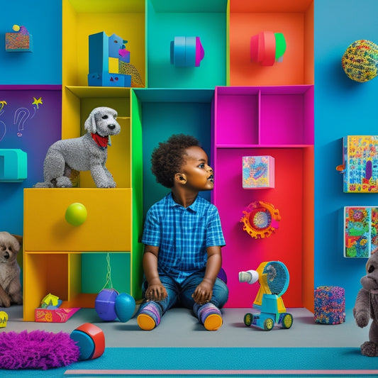 A colorful illustration of a curious child surrounded by interactive toys, including a shape-sorting cube, a robotic dog, and a magnetic tile wall, with thought bubbles filled with gears, lightbulbs, and question marks.