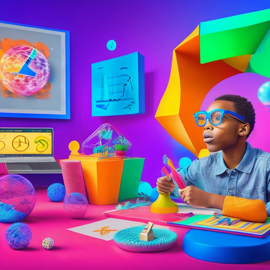 A colorful illustration featuring a virtual learning environment with a student avatar surrounded by interactive math tools, 3D shapes, and thought bubbles filled with mathematical symbols and equations.