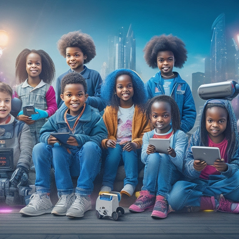 An illustration of a diverse group of children aged 6-12 surrounded by digital devices, robots, and innovative gadgets, with a cityscape or futuristic background, conveying exploration and discovery.