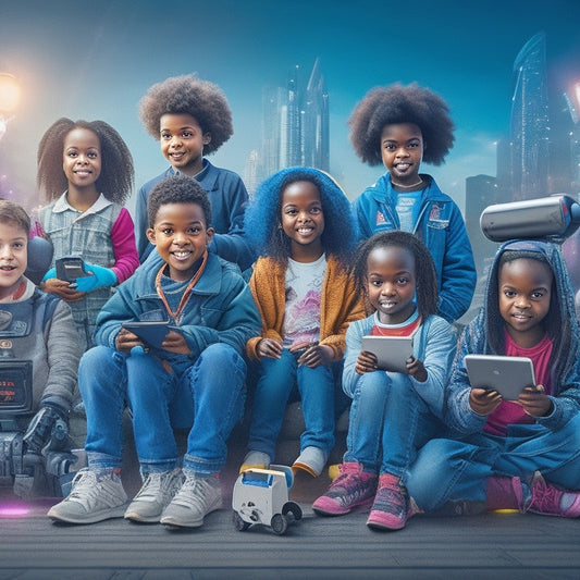 An illustration of a diverse group of children aged 6-12 surrounded by digital devices, robots, and innovative gadgets, with a cityscape or futuristic background, conveying exploration and discovery.