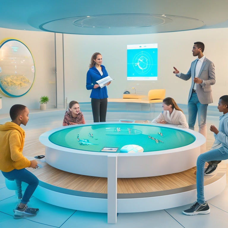 A futuristic, minimalist virtual classroom with a large, circular, glowing whiteboard displaying 3D math equations, surrounded by diverse, engaged students' avatars, and interactive learning tools floating in mid-air.