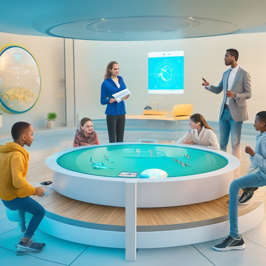 A futuristic, minimalist virtual classroom with a large, circular, glowing whiteboard displaying 3D math equations, surrounded by diverse, engaged students' avatars, and interactive learning tools floating in mid-air.