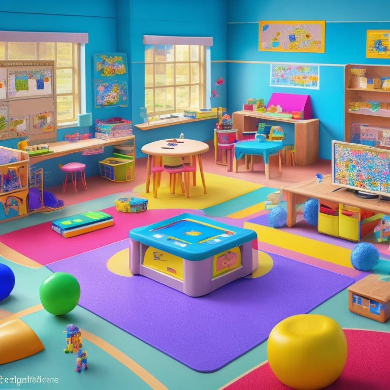 A colorful, whimsical illustration of a kindergarten classroom transformed into a virtual playground, with tablets, laptops, and smartboards displaying interactive games, puzzles, and educational apps.